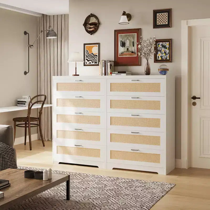 Commode moderne en rotin avec panneaux en bois naturel et rotin, meuble de rangement pour chambre, dressing et entrée