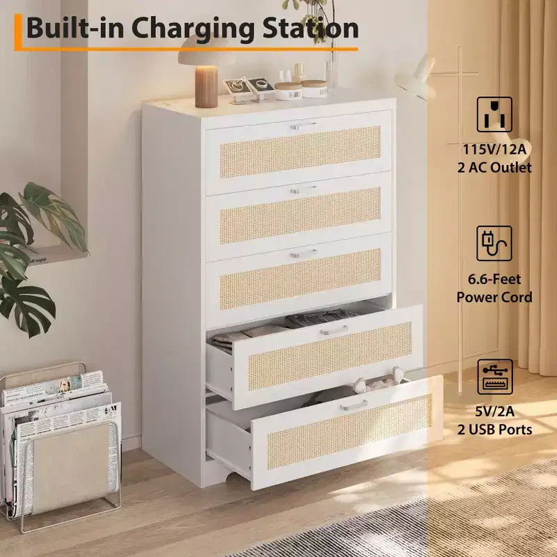 Commode moderne en rotin avec panneaux en bois naturel et rotin, meuble de rangement pour chambre, dressing et entrée