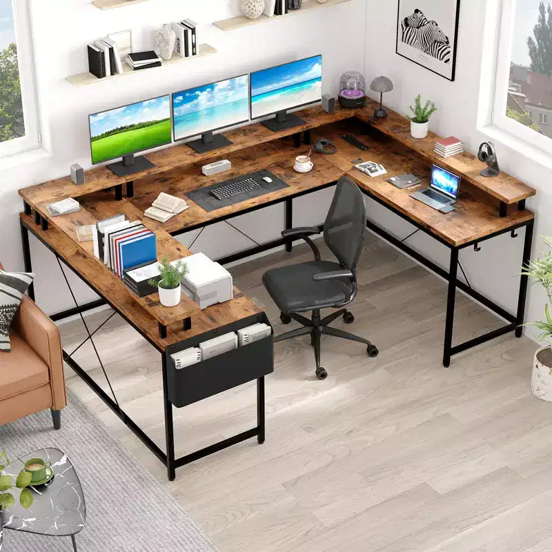 Grand bureau d'angle en U avec prises électriques, lumières LED, support d'écran et rangements pour bureau à domicile et usage professionnel