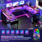 Grand bureau d'angle en U avec prises électriques, lumières LED, support d'écran et rangements pour bureau à domicile et usage professionnel