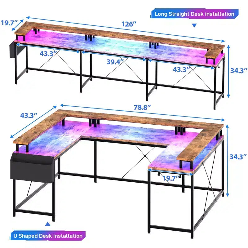 Grand bureau d'angle en U avec prises électriques, lumières LED, support d'écran et rangements pour bureau à domicile et usage professionnel