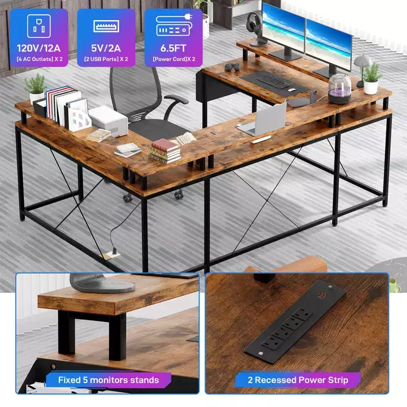 Grand bureau d'angle en U avec prises électriques, lumières LED, support d'écran et rangements pour bureau à domicile et usage professionnel