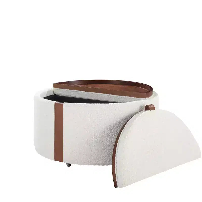 Whisen 29 Pouf de rangement rond moderne, pouf roulant, pouf table basse avec roulettes, deux couvercles réversibles, structure en bois massif