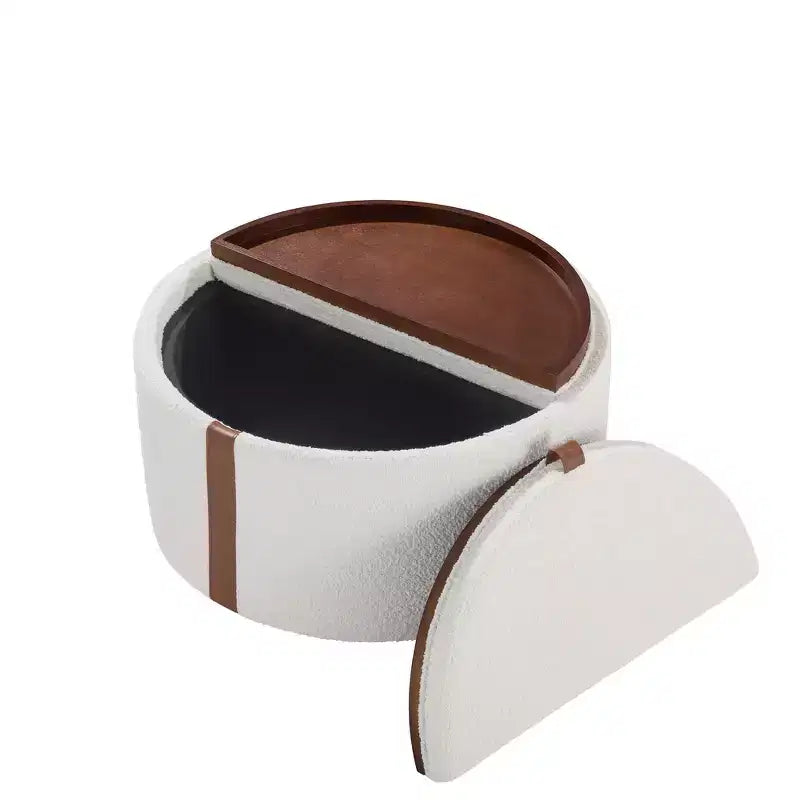Whisen 29 Pouf de rangement rond moderne, pouf roulant, pouf table basse avec roulettes, deux couvercles réversibles, structure en bois massif