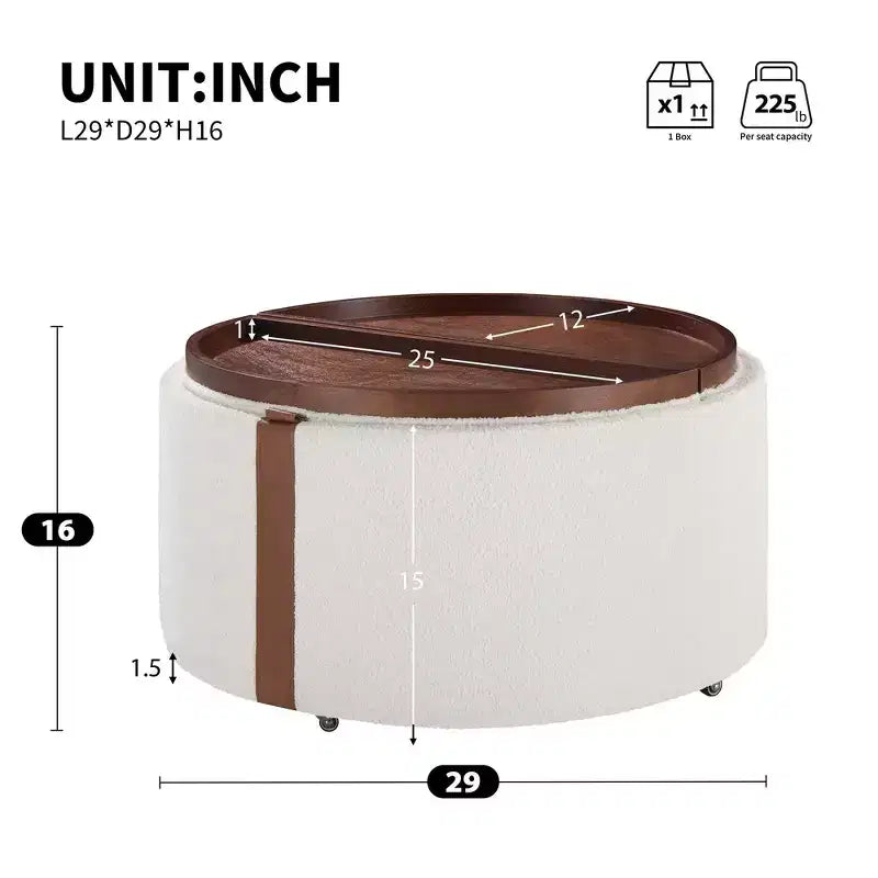Whisen 29 Pouf de rangement rond moderne, pouf roulant, pouf table basse avec roulettes, deux couvercles réversibles, structure en bois massif
