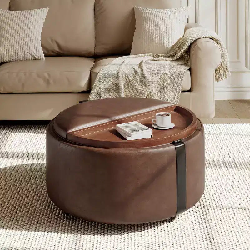 Whisen 29 Pouf de rangement rond moderne, pouf roulant, pouf table basse avec roulettes, deux couvercles réversibles, structure en bois massif