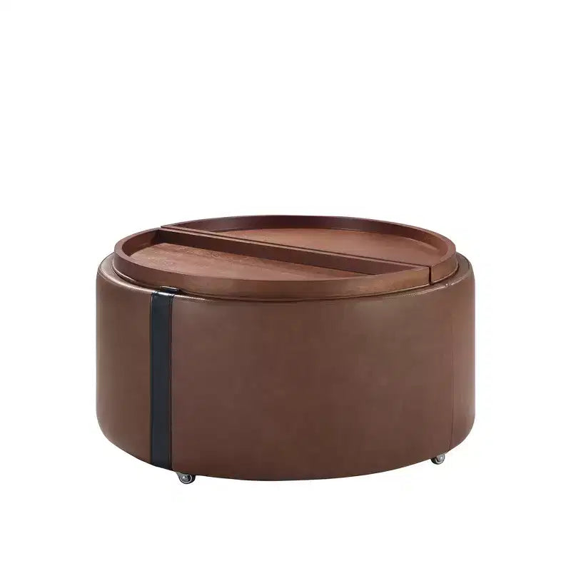 Whisen 29 Pouf de rangement rond moderne, pouf roulant, pouf table basse avec roulettes, deux couvercles réversibles, structure en bois massif