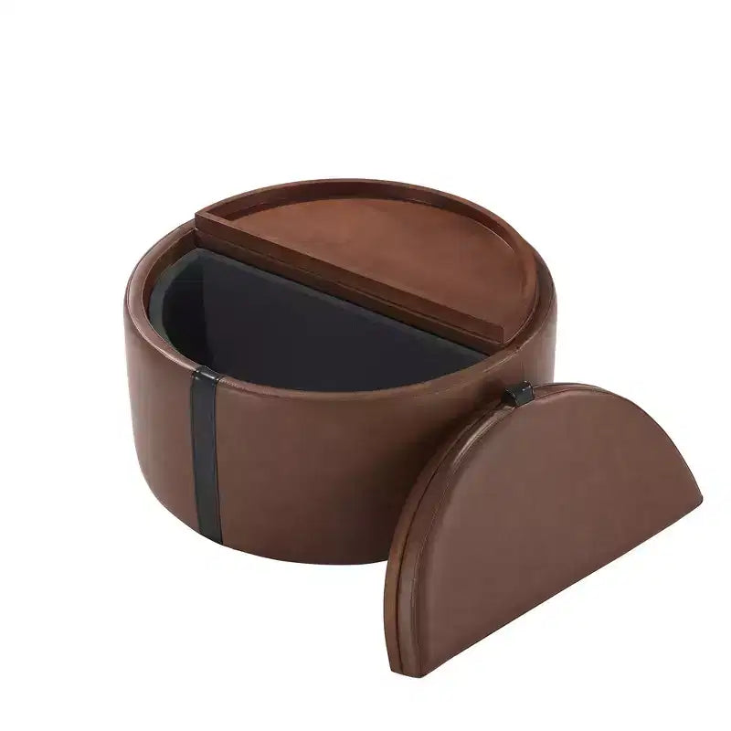 Whisen 29 Pouf de rangement rond moderne, pouf roulant, pouf table basse avec roulettes, deux couvercles réversibles, structure en bois massif