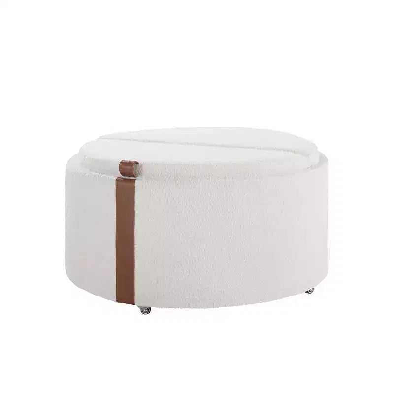 Whisen 29 Pouf de rangement rond moderne, pouf roulant, pouf table basse avec roulettes, deux couvercles réversibles, structure en bois massif