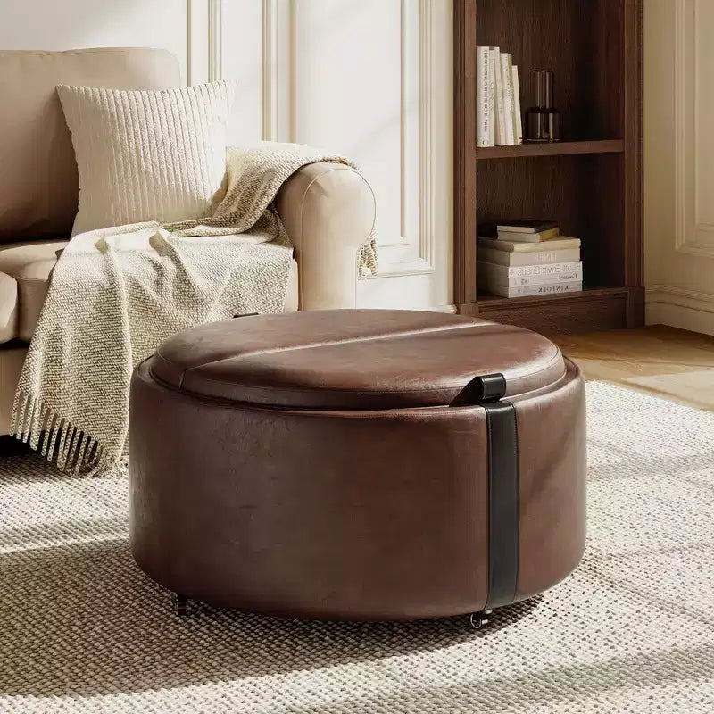 Whisen 29 Pouf de rangement rond moderne, pouf roulant, pouf table basse avec roulettes, deux couvercles réversibles, structure en bois massif