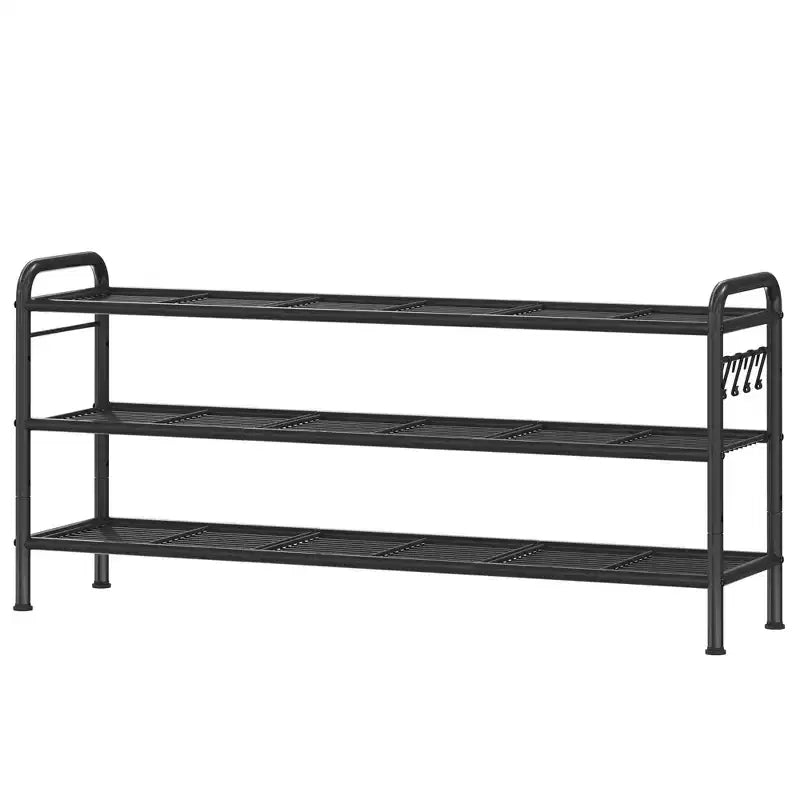 3-Tier Adjustable Metal Shoe Rack Organizer with 4 Hooks, Holds 18 Pairs, Entryway Closet Shoe Shelf, Black