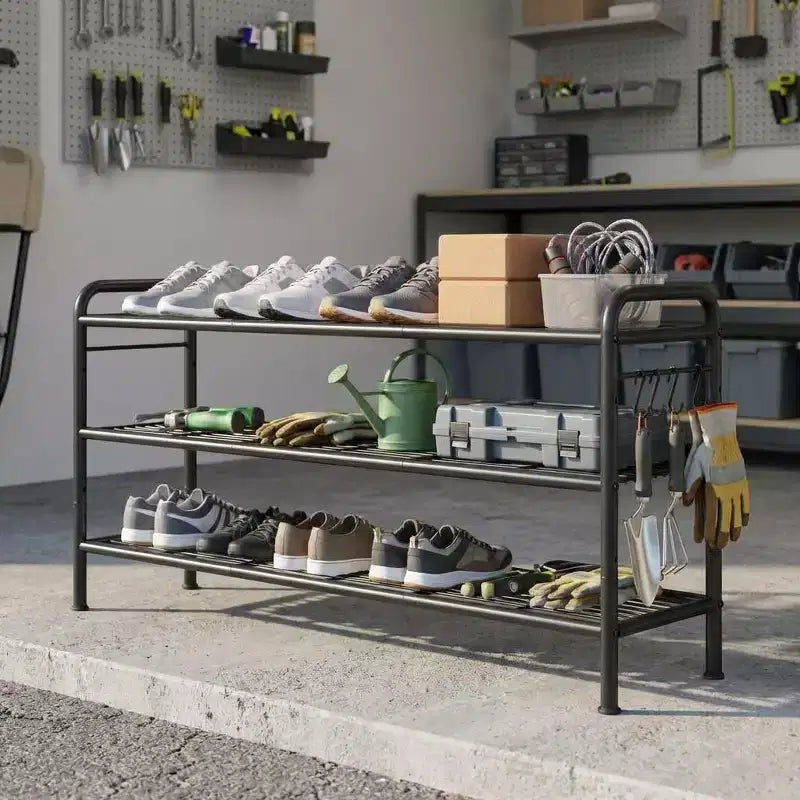 Étagère à chaussures en métal réglable à 3 niveaux avec 4 crochets, peut contenir 18 paires, organiseur de placard d'entrée, Noir