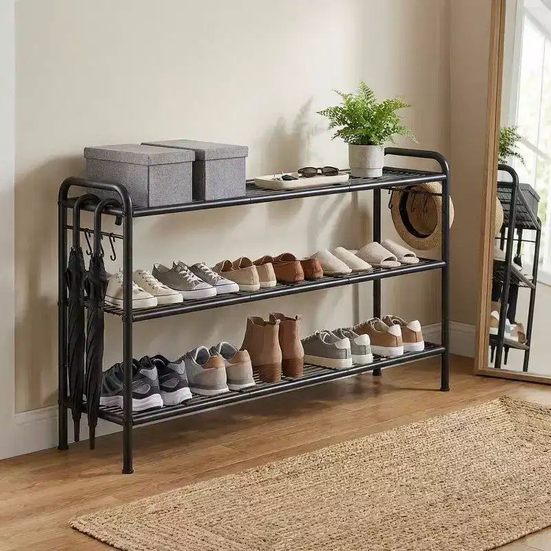 Étagère à chaussures en métal réglable à 3 niveaux avec 4 crochets, peut contenir 18 paires, organiseur de placard d'entrée, Noir