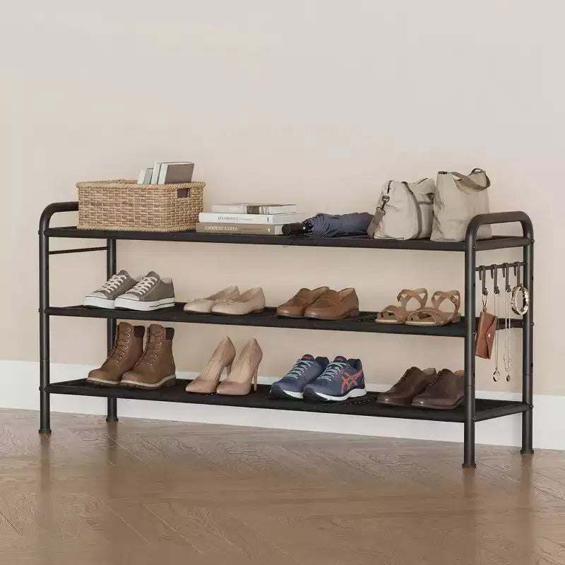 Étagère à chaussures en métal réglable à 3 niveaux avec 4 crochets, peut contenir 18 paires, organiseur de placard d'entrée, Noir