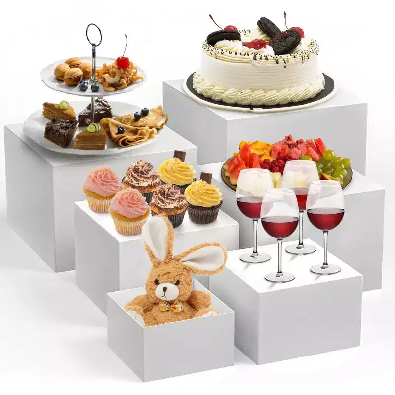 6-Piece White Stackable Display Risers for Desserts  Multi-Sized Food Stands for Bakery, Buffet, and Retail Display (Space-Saving)