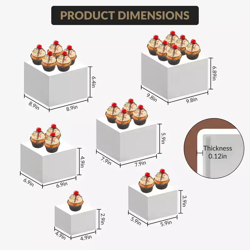 Présentoirs empilables blancs de 6 pièces pour desserts Supports alimentaires de différentes tailles pour boulangerie, buffet et étalage (gain de place)