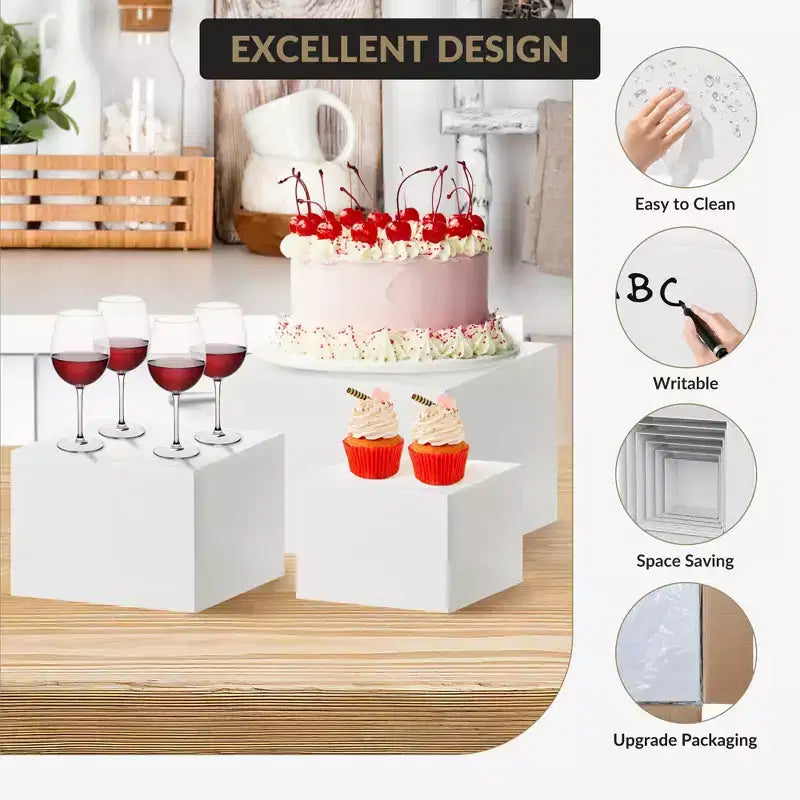 Présentoirs empilables blancs de 6 pièces pour desserts Supports alimentaires de différentes tailles pour boulangerie, buffet et étalage (gain de place)