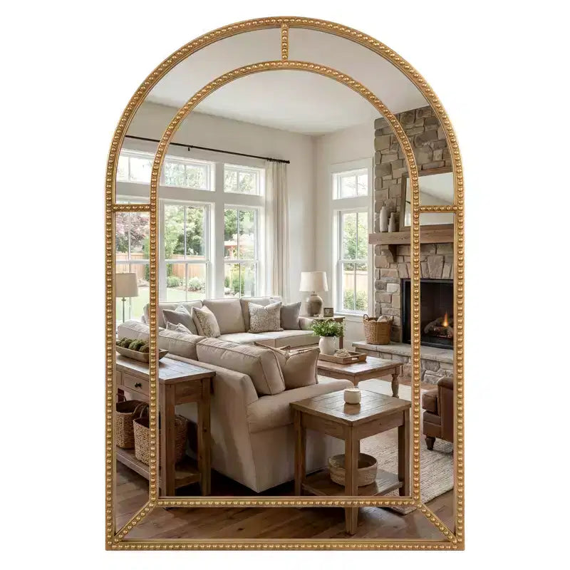 Costway 36 x 24 Gold Arched/Rectangle Wall Mirror with Beaded Frame for Living Room, Entryway