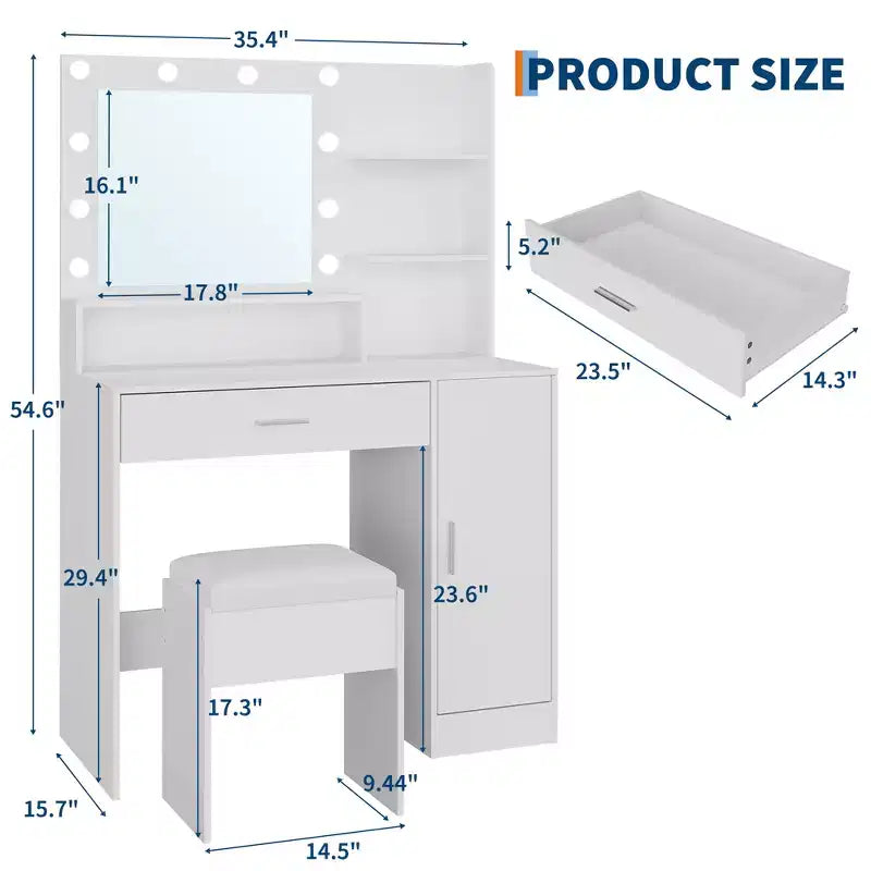 Coiffeuse avec miroir LED, 3 modes d'éclairage, station de charge, support pour sèche-cheveux et tabouret rembourré pour chambre à coucher