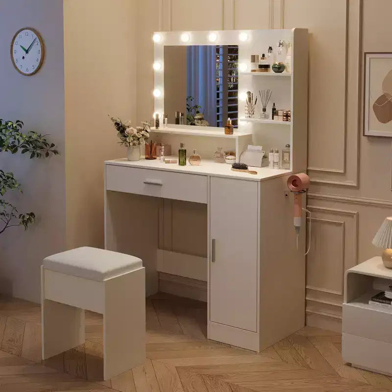 Coiffeuse avec miroir LED, 3 modes d'éclairage, station de charge, support pour sèche-cheveux et tabouret rembourré pour chambre à coucher