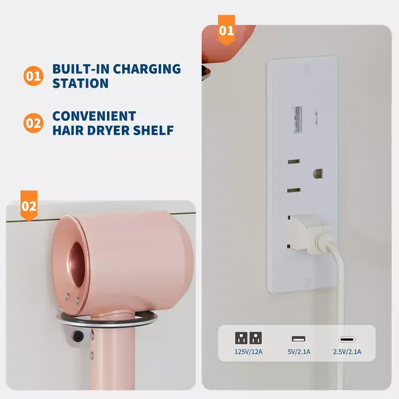 Coiffeuse avec miroir LED, 3 modes d'éclairage, station de charge, support pour sèche-cheveux et tabouret rembourré pour chambre à coucher