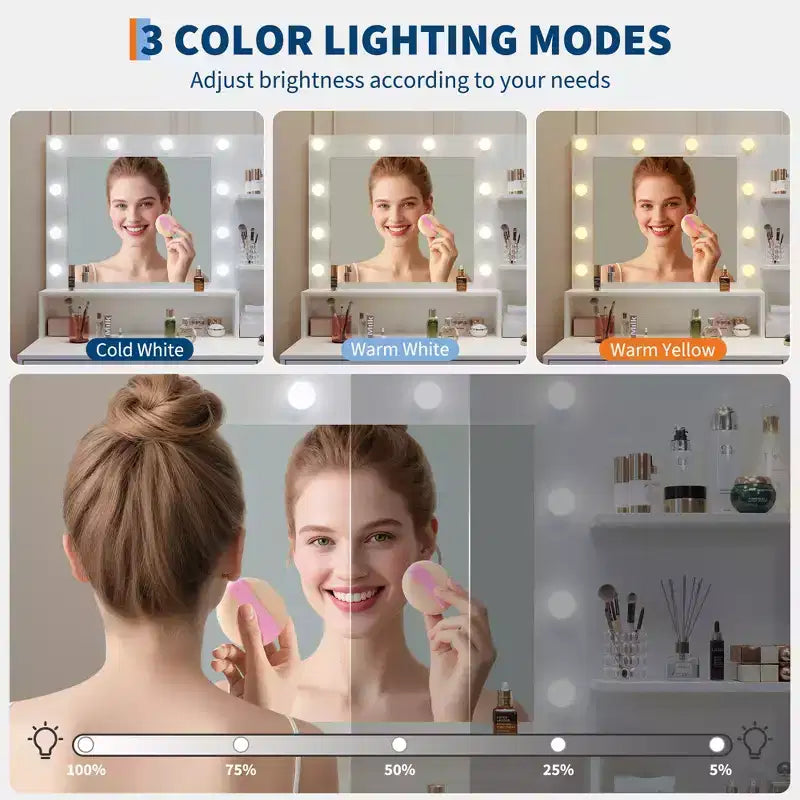 Coiffeuse avec miroir LED, 3 modes d'éclairage, station de charge, support pour sèche-cheveux et tabouret rembourré pour chambre à coucher