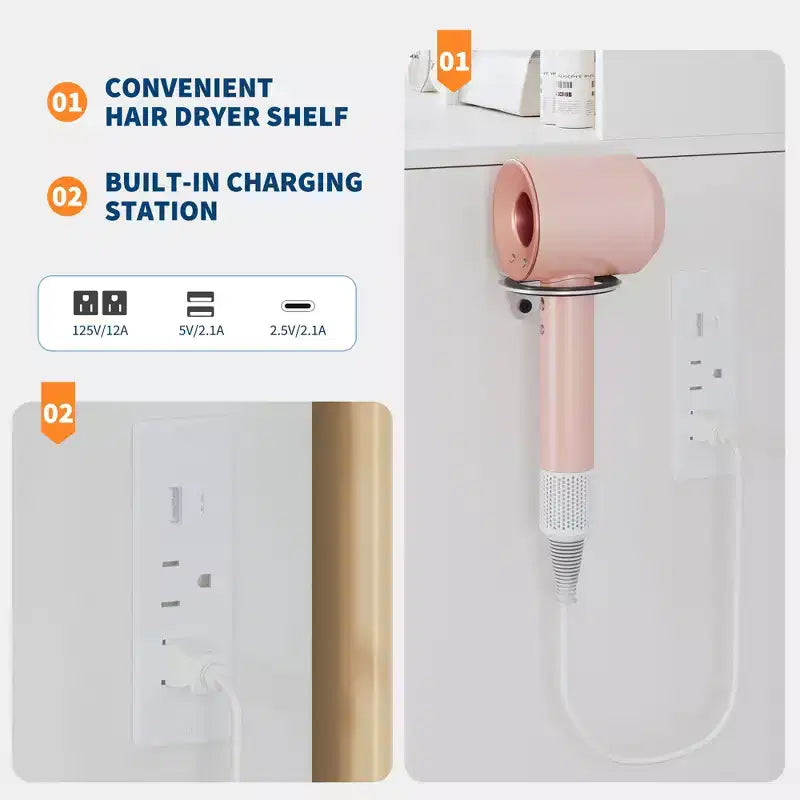 Coiffeuse avec miroir LED, 3 modes d'éclairage, station de charge, support pour sèche-cheveux et tabouret rembourré pour chambre à coucher