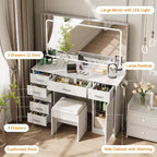 Coiffeuse moderne avec grand miroir, 7 tiroirs, lumières LED, chaise, 3 modes d'éclairage, support pour sèche-cheveux et station de recharge pour chambre à coucher