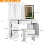 Coiffeuse moderne avec grand miroir, 7 tiroirs, lumières LED, chaise, 3 modes d'éclairage, support pour sèche-cheveux et station de recharge pour chambre à coucher