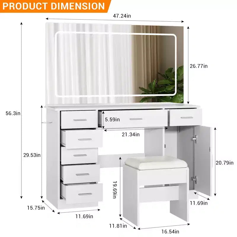 Coiffeuse moderne avec grand miroir, 7 tiroirs, lumières LED, chaise, 3 modes d'éclairage, support pour sèche-cheveux et station de recharge pour chambre à coucher