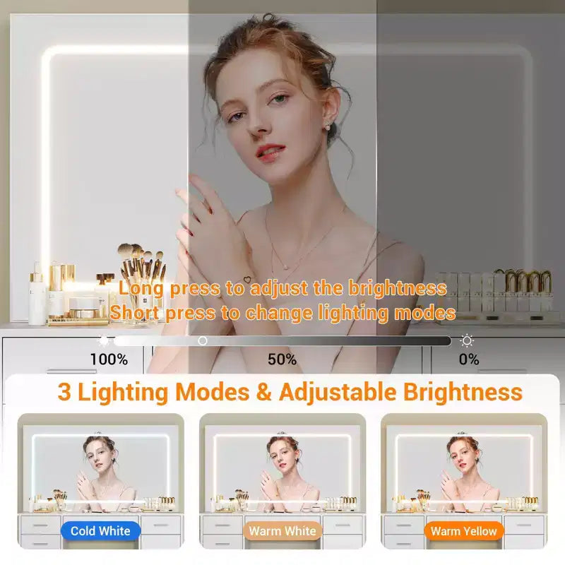 Coiffeuse moderne avec grand miroir, 7 tiroirs, lumières LED, chaise, 3 modes d'éclairage, support pour sèche-cheveux et station de recharge pour chambre à coucher