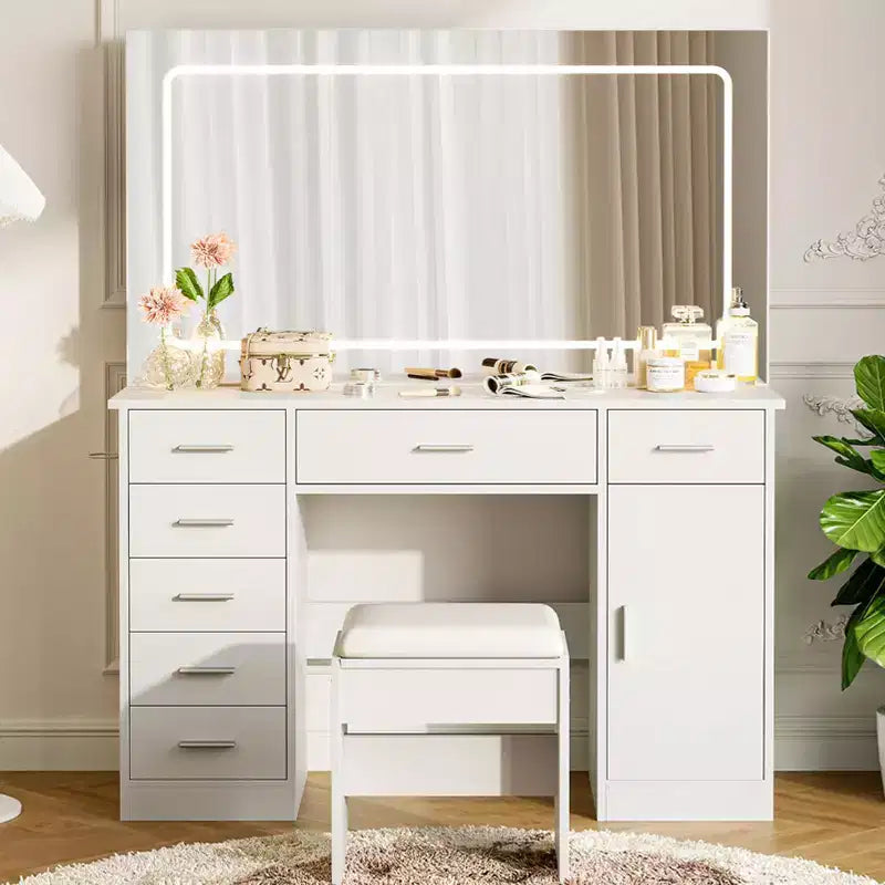Coiffeuse moderne avec grand miroir, 7 tiroirs, lumières LED, chaise, 3 modes d'éclairage, support pour sèche-cheveux et station de recharge pour chambre à coucher