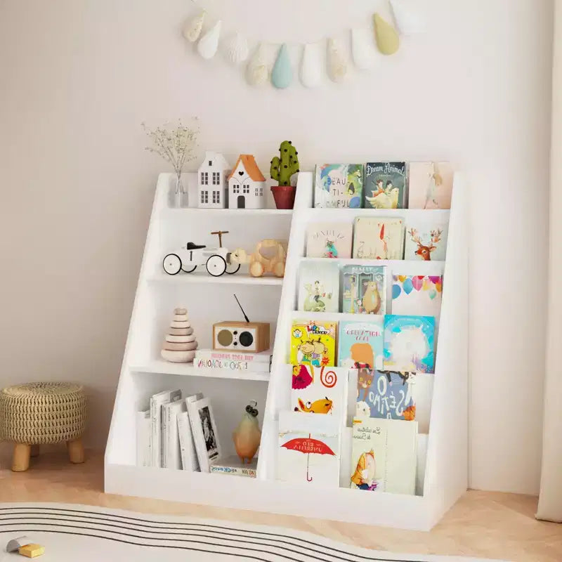 JVNOXK Étagère à livres pour enfants en bois à 4 niveaux avec organisateur de jouets, bibliothèque multifonctionnelle pour chambre d'enfants