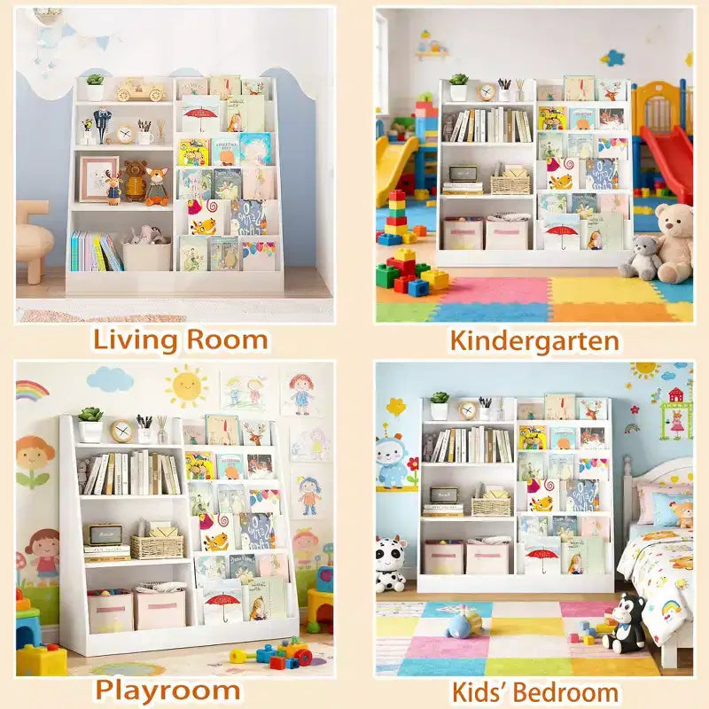JVNOXK Étagère à livres pour enfants en bois à 4 niveaux avec organisateur de jouets, bibliothèque multifonctionnelle pour chambre d'enfants