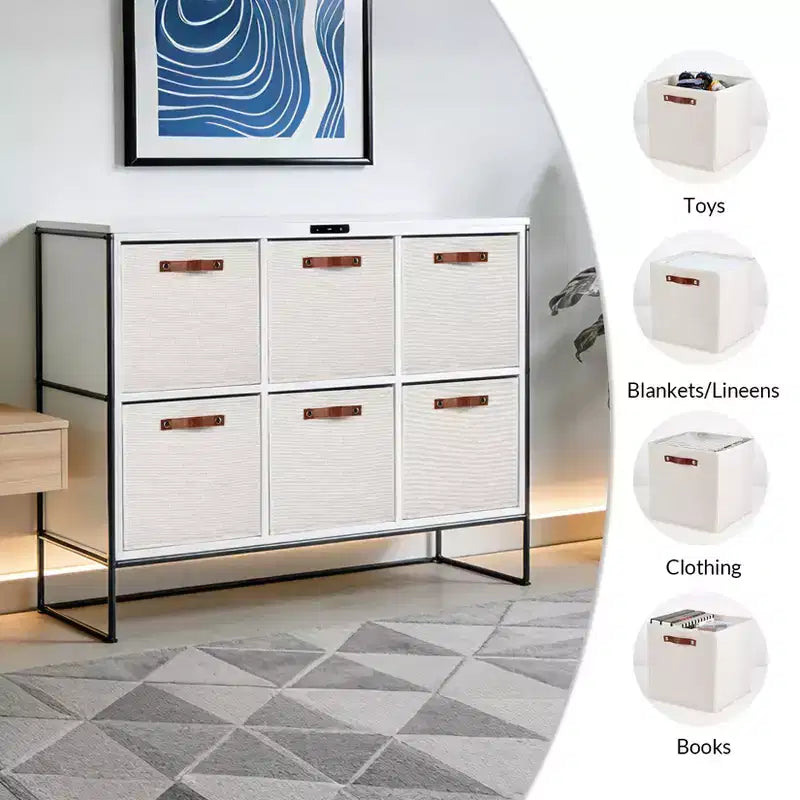 Lot de 6 paniers de rangement en tissu de lin de 33 x 33 cm avec poignées en cuir pour étagères de placard
