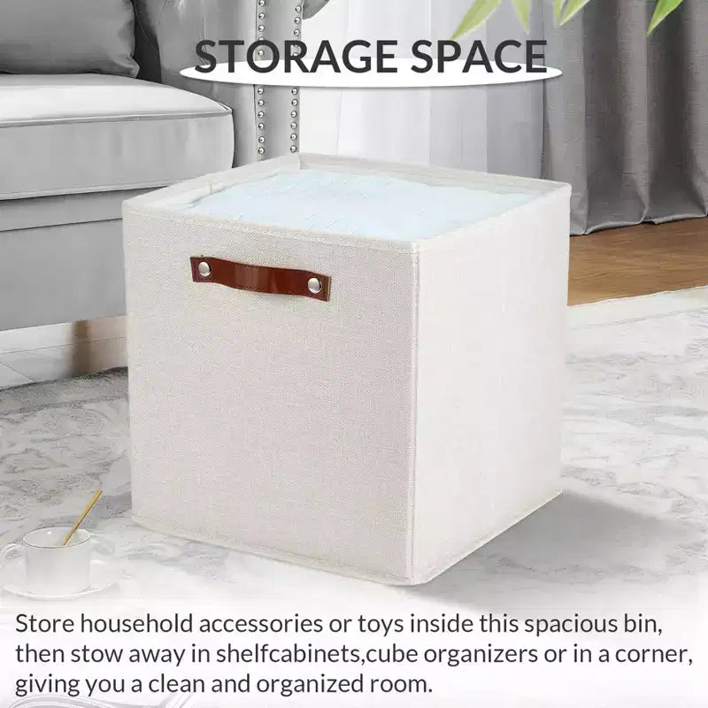 Lot de 6 paniers de rangement en tissu de lin de 33 x 33 cm avec poignées en cuir pour étagères de placard
