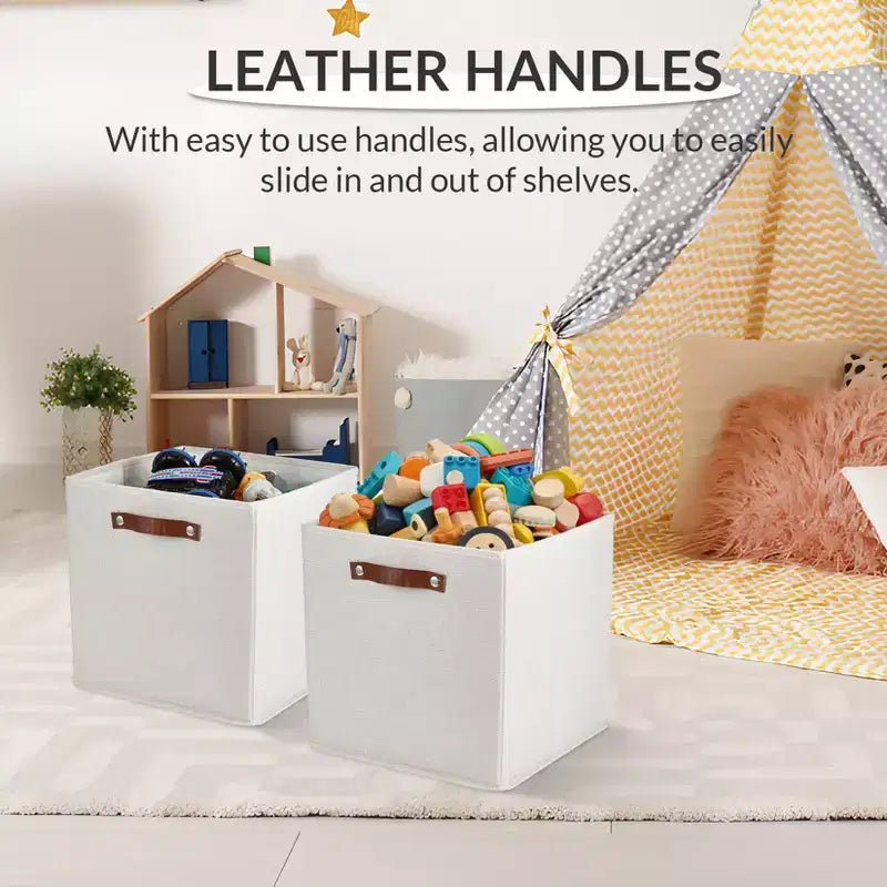 Lot de 6 paniers de rangement en tissu de lin de 33 x 33 cm avec poignées en cuir pour étagères de placard