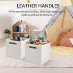 Lot de 6 paniers de rangement en tissu de lin de 33 x 33 cm avec poignées en cuir pour étagères de placard