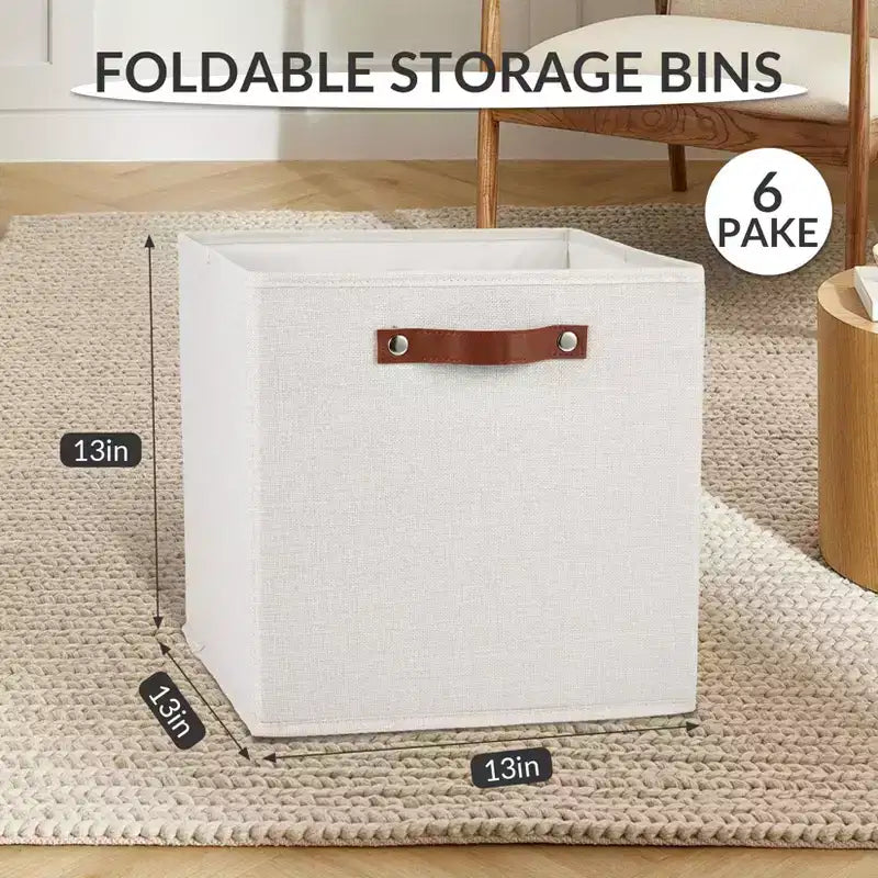 Lot de 6 paniers de rangement en tissu de lin de 33 x 33 cm avec poignées en cuir pour étagères de placard