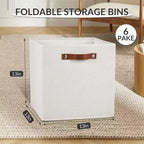 Lot de 6 paniers de rangement en tissu de lin de 33 x 33 cm avec poignées en cuir pour étagères de placard
