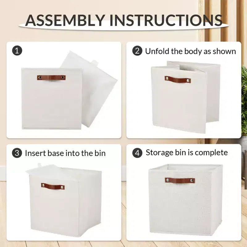 Lot de 6 paniers de rangement en tissu de lin de 33 x 33 cm avec poignées en cuir pour étagères de placard