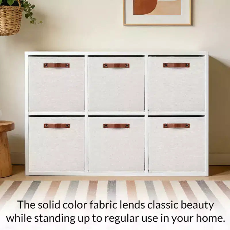 Lot de 6 paniers de rangement en tissu de lin de 33 x 33 cm avec poignées en cuir pour étagères de placard