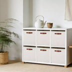 Lot de 6 paniers de rangement en tissu de lin de 33 x 33 cm avec poignées en cuir pour étagères de placard