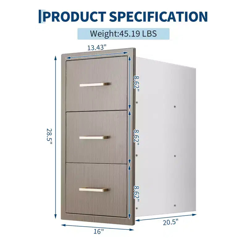 Tiroirs de cuisine extérieure 16 L x 28,5 H x 20,5 P, tiroirs de barbecue à triple accès encastrables avec poignée pour cuisines, îlots de barbecue, stations de grillades de patio