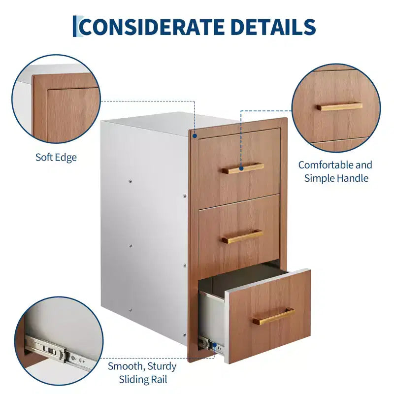 Tiroirs de cuisine extérieure 16 L x 28,5 H x 20,5 P, tiroirs de barbecue à triple accès encastrables avec poignée pour cuisines, îlots de barbecue, stations de grillades de patio