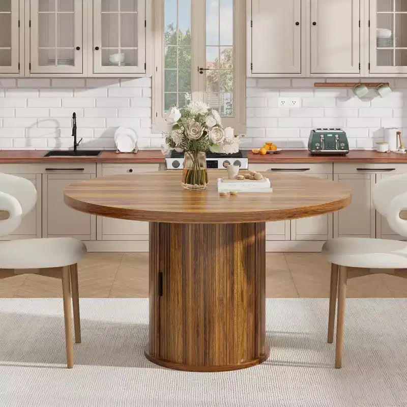 COZONY Table à manger ronde 47 pouces avec rangement, Table de cuisine de style campagnard pour 4 à 6 personnes, Table ronde avec étagère et tiroir pour salle à manger