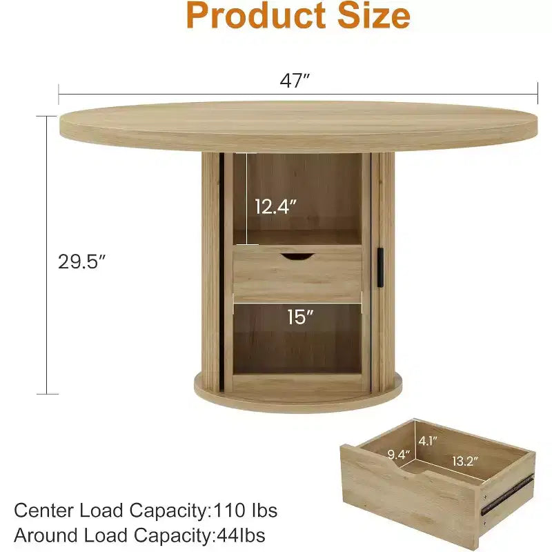 COZONY Table à manger ronde 47 pouces avec rangement, Table de cuisine de style campagnard pour 4 à 6 personnes, Table ronde avec étagère et tiroir pour salle à manger