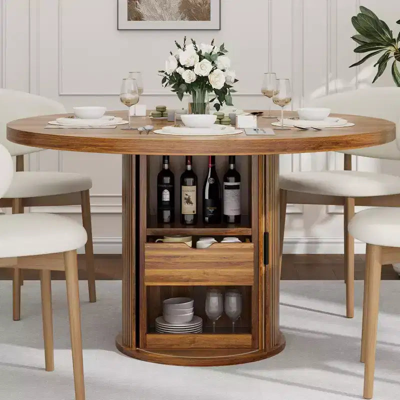 COZONY Table à manger ronde 47 pouces avec rangement, Table de cuisine de style campagnard pour 4 à 6 personnes, Table ronde avec étagère et tiroir pour salle à manger