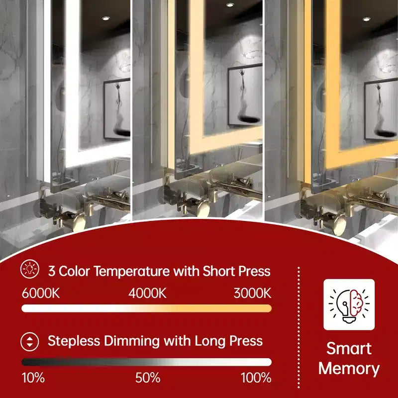 SUMERAIN 40x30 Miroir Mural de Salle de Bain Fonction Mémoire Anti-buée ETL 90CRI Miroir de Maquillage Verre Trempé