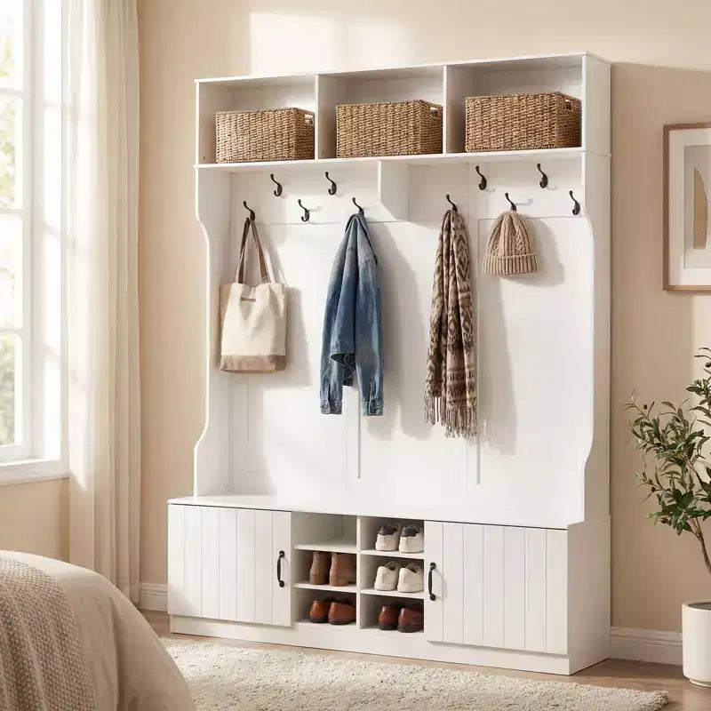 Porte-manteau Costway 3-en-1/6-en-1 avec banc de rangement, étagères réglables, patères et casiers à chaussures, Blanc